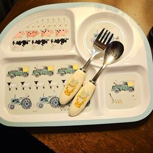 Vintage Teddy Bear Kids Cutlery Set/Farming Divided Plate